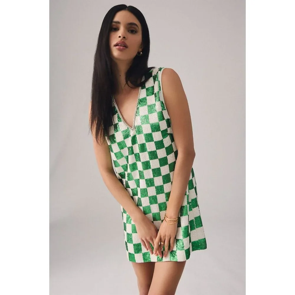 NWT Anthropologie Verb Checkered Shift Dress M Sequin Green White Cocktail $248